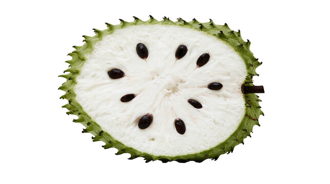 Isolated fresh ripe green soursop fruit cross-section with white juicy pulp and black seeds