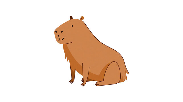 Isolated cute cartoon capybara, happy furry brown rodent sitting calmly, simple style