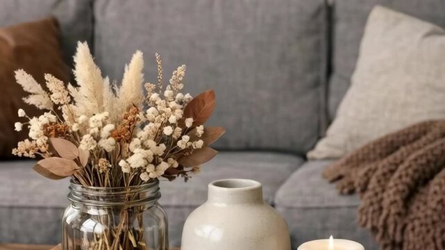 Cozy Home Interior with Dried Flower Arrangement and Lit Candle