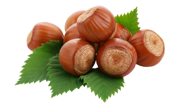 Isolated fresh whole raw hazelnuts with green leaves, healthy snack and food ingredient.