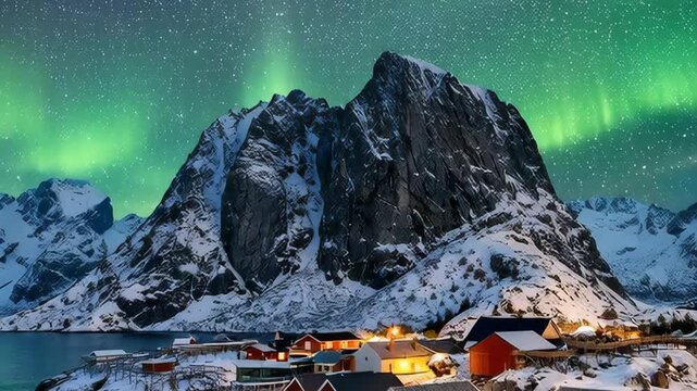 Aurora Borealis over a Snow-Covered Mountain and Village at Night