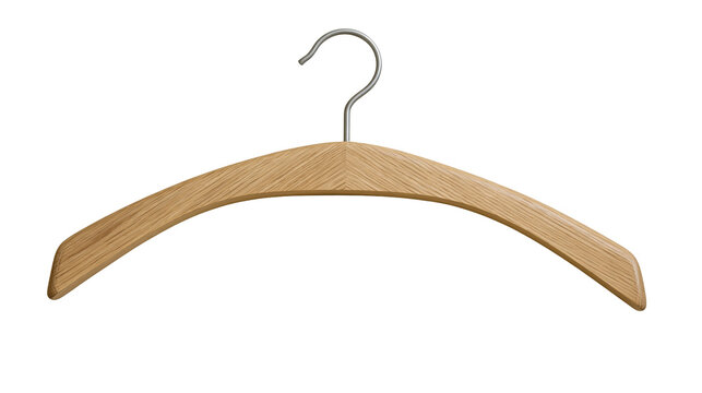 Isolated wooden clothes hanger with a metal hook, ready for hanging garments and fashion items.