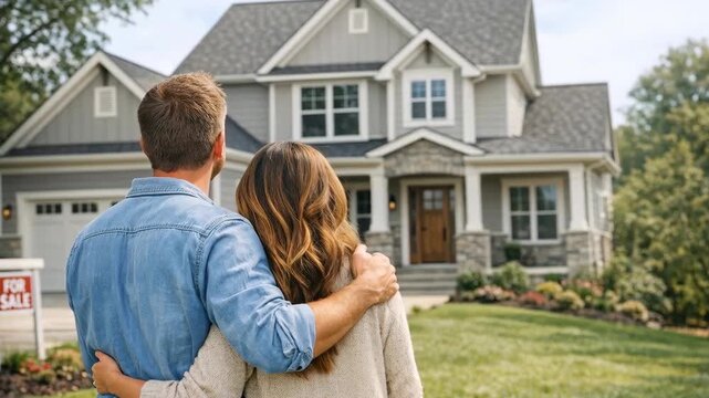 Couple Looking at a Luxury House for Sale in a Suburban Neighborhood