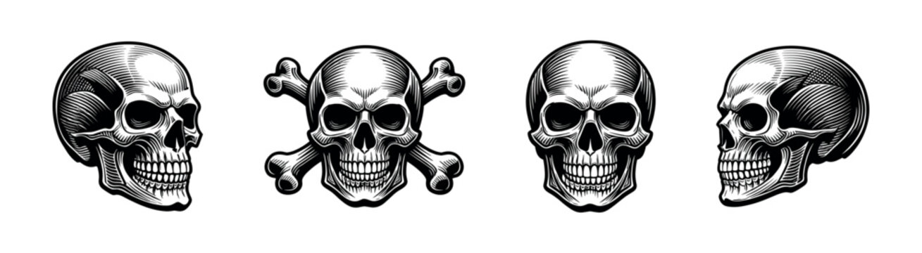 Skull illustrations set with crossbones in black and white vector style