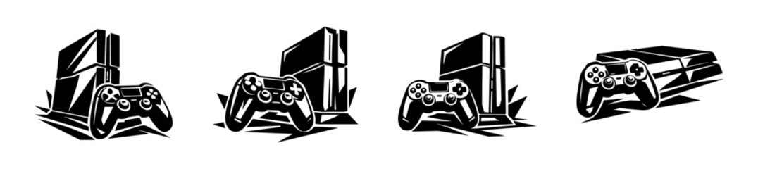 Set of four gaming console silhouettes with controllers in black and white vector style © Compositor 