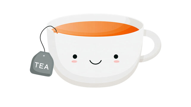 Isolated adorable cartoon teacup with hot tea and bag, smiling and cheerful design