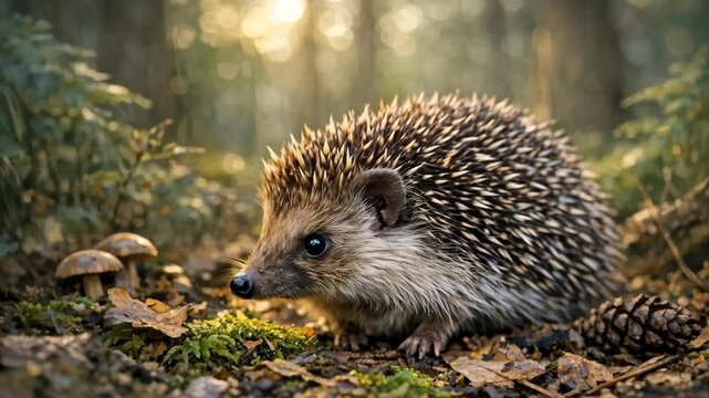 Close-up of a Hedgehog with Spines on a Mossy Forest Floor