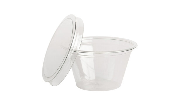 Isolated disposable clear plastic food container with lid for sauces or samples