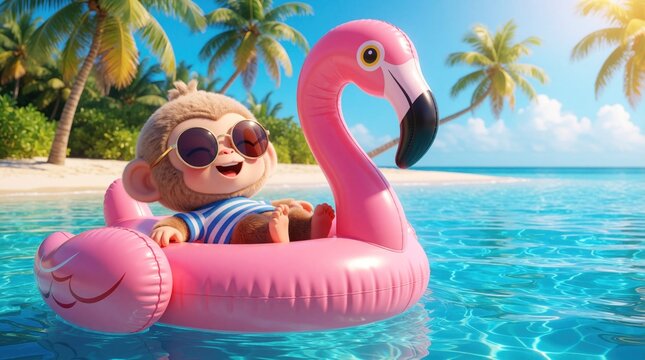 Cute cartoon monkey wears sunglasses, striped shirt relaxing on pink flamingo pool float. Adorable primate enjoys tropical summer vacation in clear blue ocean water. Exotic island paradise with palm