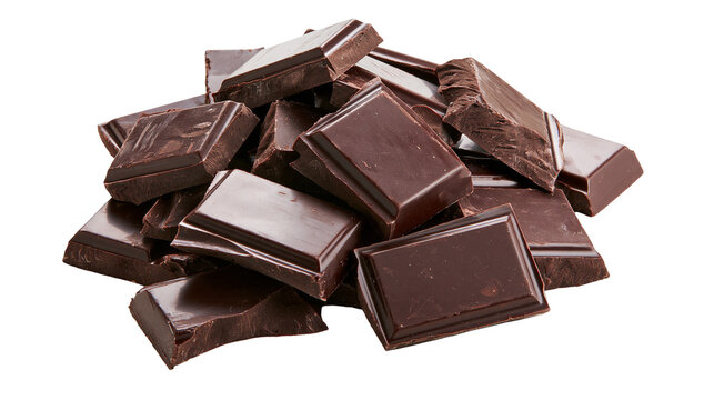 Isolated pile of delicious dark chocolate squares and broken chunks, rich cocoa dessert ingredient