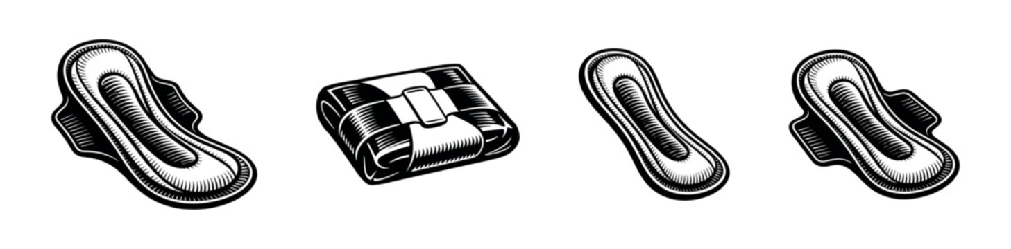 Black and white vector illustration of sanitary pads and wrapped pad