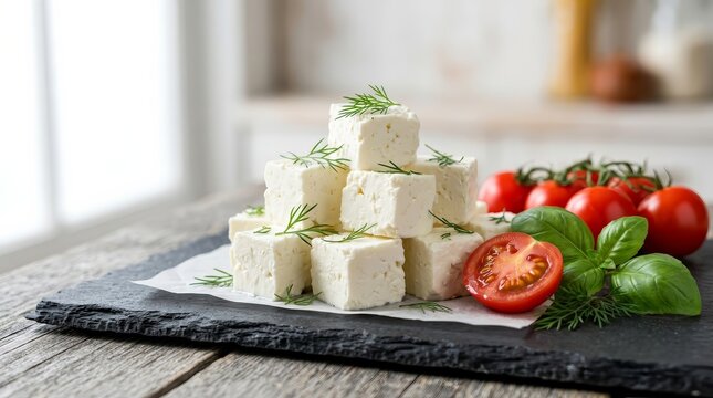 A healthy appetizer of feta cheese slices, red tomatoes, and green herbs on dark stone.