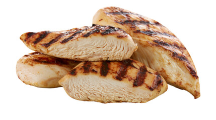 Isolated perfectly cooked grilled chicken breasts showing juicy meat and appetizing char marks © Andrei