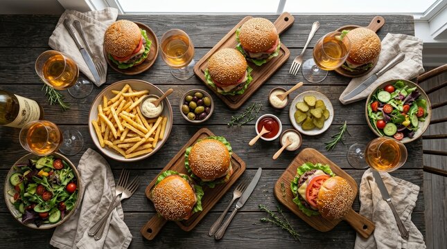 A variety of tasty burgers, snacks, and appetizers on a wooden table.