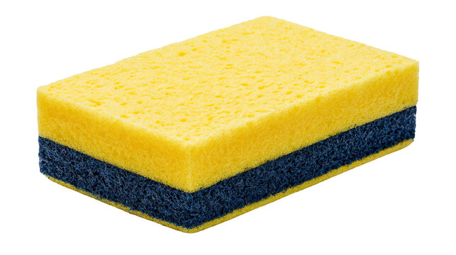 Isolated yellow and blue kitchen sponge for dishwashing and household cleaning chores, hygiene concept.