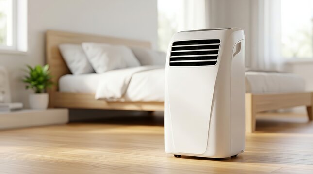 A white portable air conditioner unit placed in a bright bedroom setting.