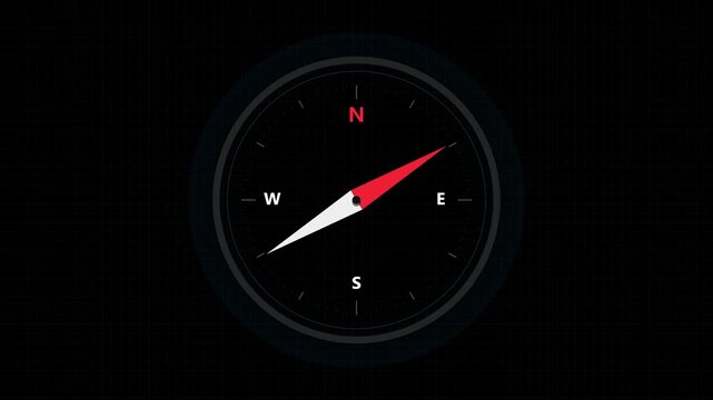 Modern flat design digital compass needle pointing direction on black grid background