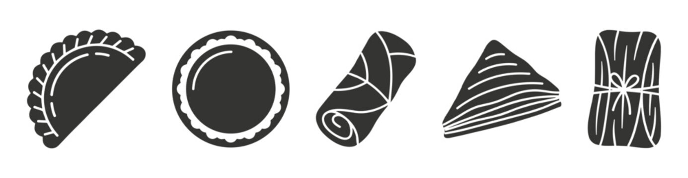 Traditional pastry and stuffed dough appetizers silhouette icons set, empanada dumpling, round pie, spring roll, baklava triangle, and tamale vector