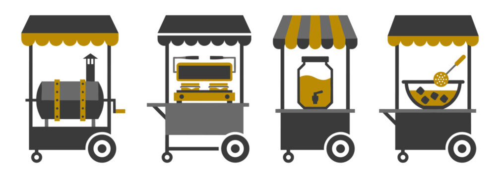 Street food carts and mobile festival vendor stands icons set, roasted corn cart, panini grill press, cold drink lemonade dispenser, and deep fryer booth vector