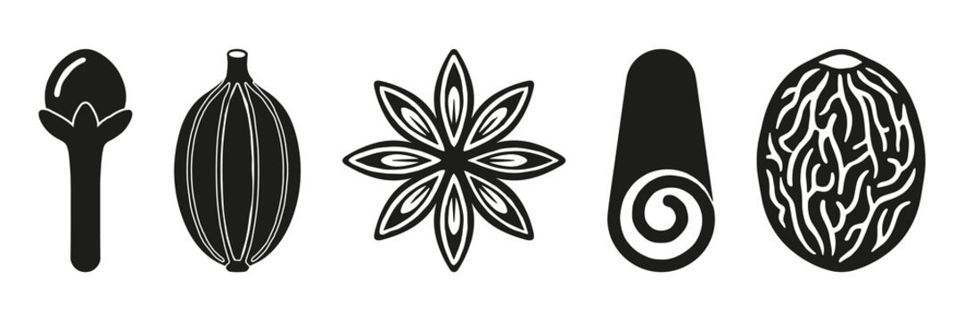 Culinary spices and aromatic seeds silhouette icons set, clove bud, cardamom pod, star anise, rolled cinnamon stick, and whole nutmeg vector