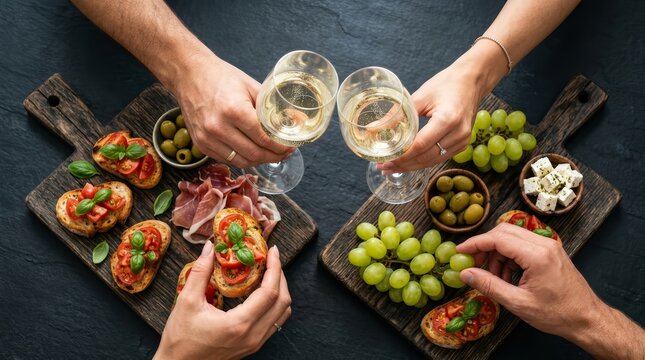 Close up of a couple toasting with white wine and eating appetizers on wooden boards.