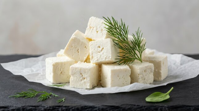 A pile of white feta cheese cubes served with fresh green dill and herbs.