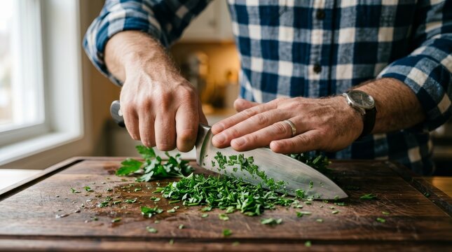 Close up of a person chopping fresh parsley on a wooden cutting board.