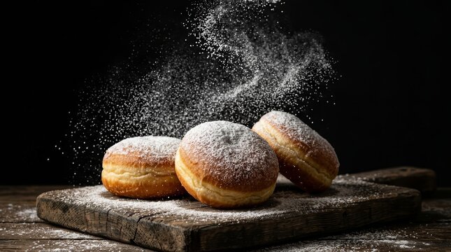 Powdered sugar being sprinkled over delicious donuts against a black background.