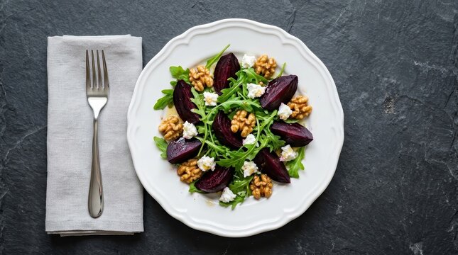 Healthy salad plate with beets, arugula, and walnuts on a dark textured background.