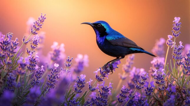 Small blue bird perches on purple lavender. Soft morning light illuminates wildlife in garden. Nature scene offers peace calm. Bird enjoys bloom.
