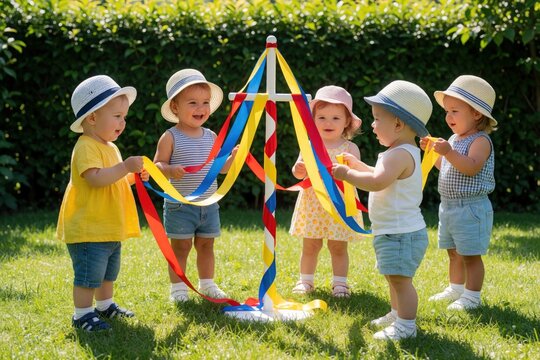 Five toddlers in summer clothes and hats play with colorful ribbons around a miniature Maypole in a sunny garden. Children hold bright streamers, learning a festive tradition on green grass.