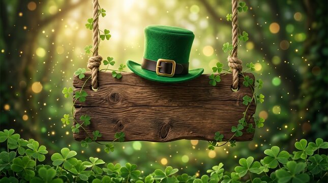 St. Patrick's Day themed wooden sign with a green leprechaun hat and shamrock decorations in a mystical woods.