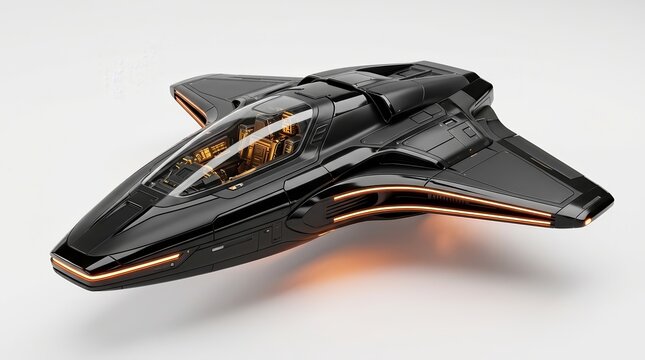 Sleek black sci-fi spacecraft with bright orange light accents and advanced technology.