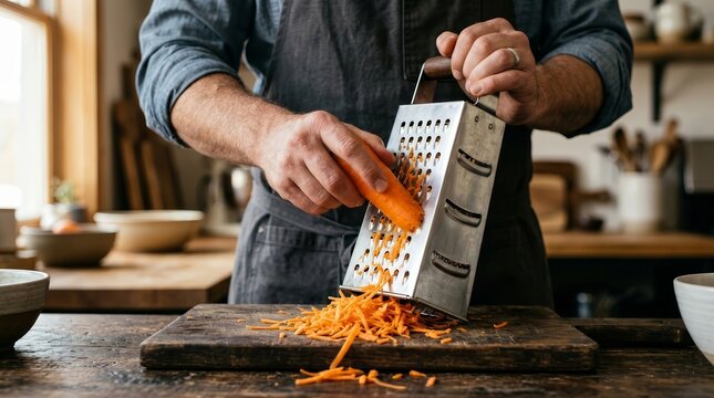 A man grating a bright orange carrot using a stainless steel kitchen grater