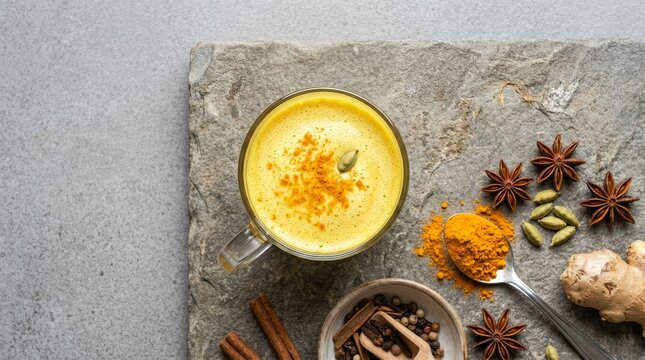 Indian turmeric golden milk drink served in a glass with copy space on a grey background.