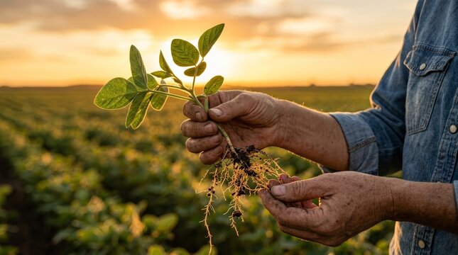 Close up of an agronomist inspecting soybean plant roots in a field during golden hour.