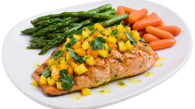 Isolated grilled salmon fillet with fresh mango salsa, roasted asparagus, and baby carrots