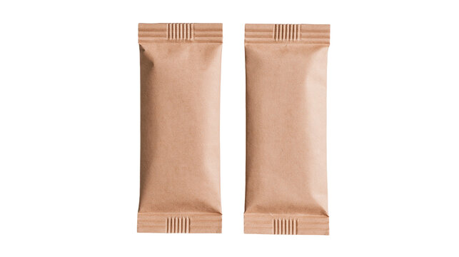 Isolated two identical blank brown kraft paper sachets, minimalist eco-friendly packaging design