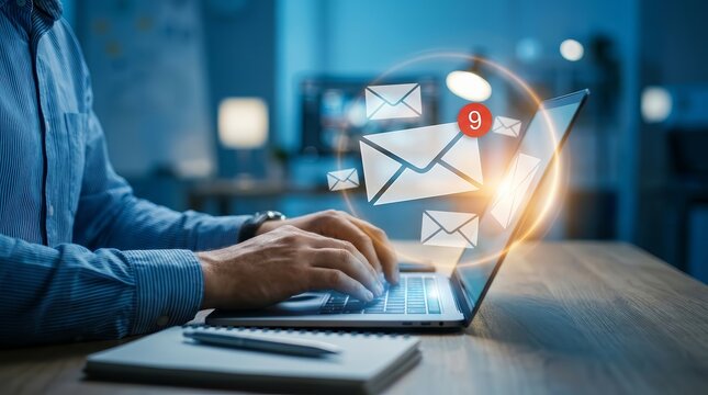 An email newsletter concept showing a person checking their message box and receiving online information.