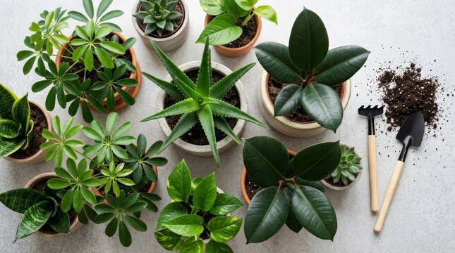 A collection of different indoor house plants and gardening tools shown from above.