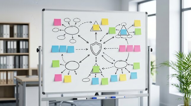 A professional whiteboard featuring design thinking workshop ideas and colorful sticky notes for brainstorming.