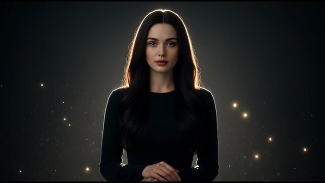 Cinematic portrait of an elegant brunette woman illuminated with rim light against dark background.