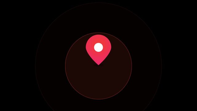 Minimalist red map pin location icon animation on a clean dark background graphic