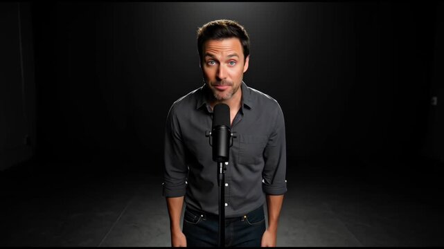 Man speaking into microphone on dark stage during live performance or stand up comedy show.