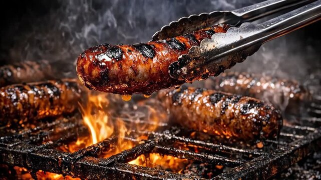 Juicy Grilled Sausage with Char Marks on a Flaming Grill