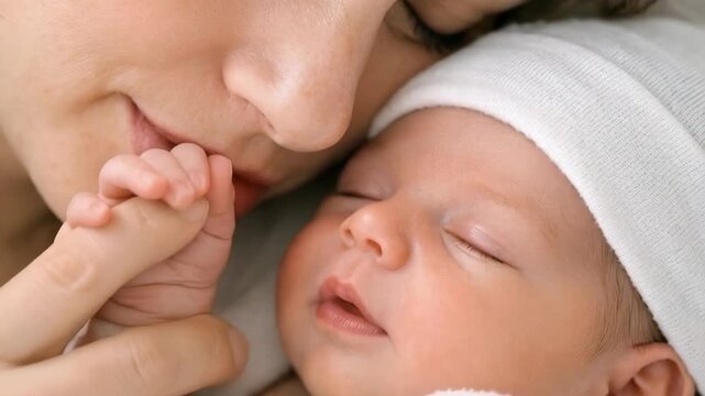 Mother Smiling and Holding the Hand of a Sleeping Newborn Baby