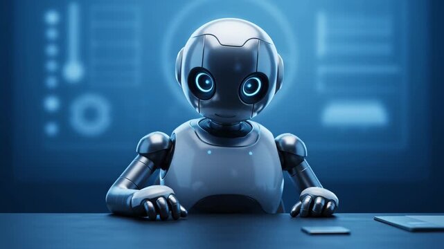 Futuristic cute humanoid robot assistant sitting at control desk with digital interface background.