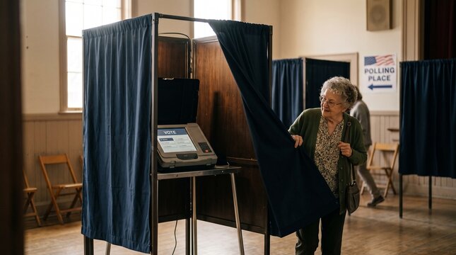 Elderly woman casting vote at electronic polling station in a traditional voting booth during election day