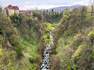 Fototapeta premium The canyon of the river Gornja Dobra in Ogulin and in front of Jula's abyss - Croatia (Kanjon rijeke Gornje Dobre u Ogulinu i pred Đulinim ponorom - Ogulin, Hrvatska)