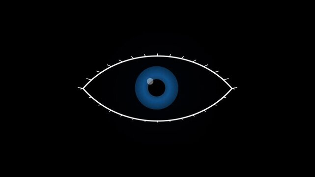 Stylized minimalist 2D animation of a human eye with blue iris on black background